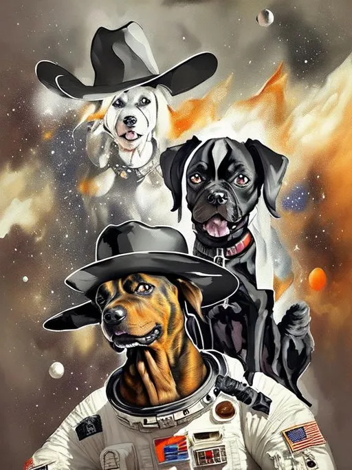 Prompt: Surrealism black dogs in trump outfits in space, abstract art style, cowboy hat, fun atmosphere, floating celestial bodies, mysterious nebulae, dreamlike, surreal, high contrast, otherworldly, abstract, space, astronaut, fun atmosphere, celestial bodies, dreamlike, surreal, high contrast, mysterious, nebulae, dogs, usa