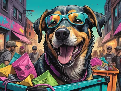 Prompt: Detailed happy dog dumpster diving during a festival, sketch, pop art chalk pastel, detailed cyberpunk city background, grunge, highres, abstract, natural lighting, lively atmosphere, fun, detailed dogs, colorful, chaotic, vibrant, happy-go-lucky