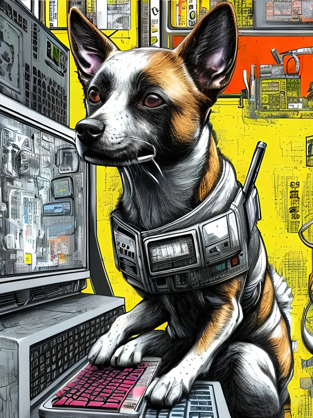 Prompt: pop art chalk pastel art of detailed dog hacking computers in post apocalyptic Japan, sketch, detailed background, highres, fun atmosphere, natural lighting,  abstract, fun