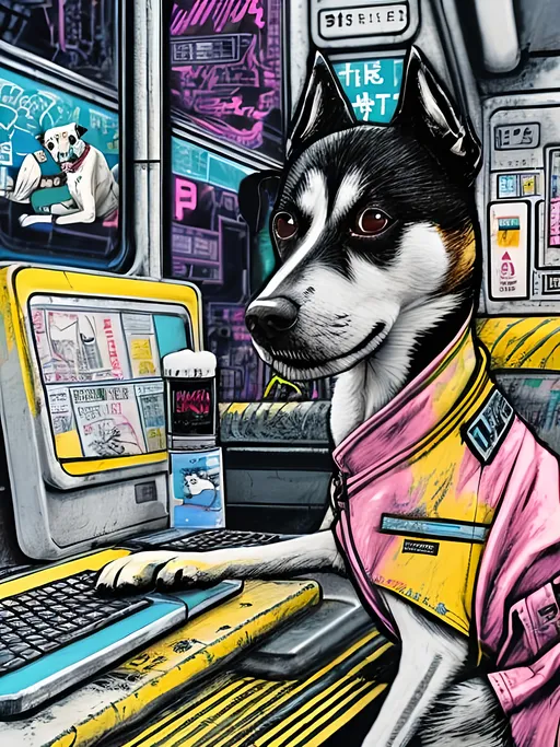 Prompt: pop art chalk pastel art of a detailed dog hacking a computer on the subway train in cyberpunk japan with planes in the background, sketch, detailed background, highres, fun atmosphere, natural lighting,  abstract, fun