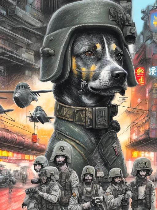 Prompt: chalk pastel art of a detailed dogs wearing military uniforms on the streets in cyberpunk japan during a festival with planes in the background, sketch, detailed background, highres, fun atmosphere, natural lighting,  abstract, fun