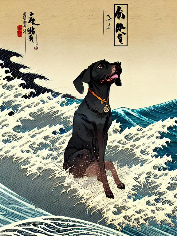 Prompt: black mountain cur dogs surfing in hiroshige wave 