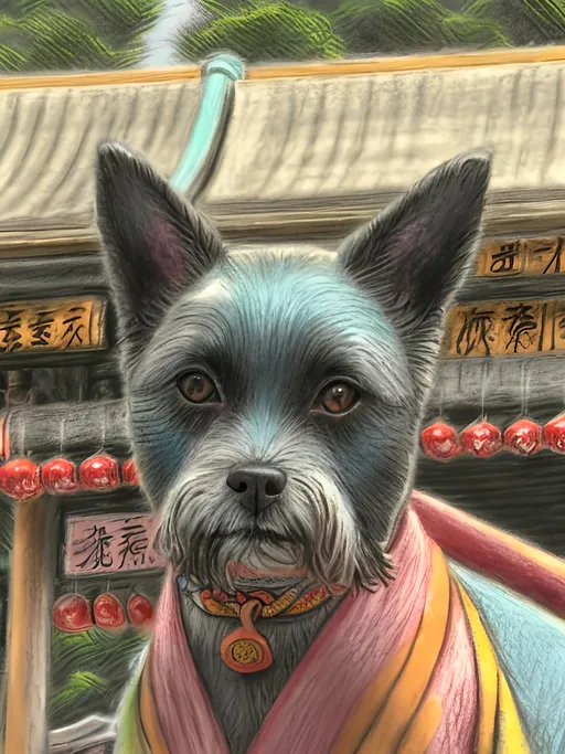 Prompt: chalk pastel style of a  detailed dog in a kimono at a shrine, sketch, detailed background, highres, fun atmosphere, natural lighting,  abstract, fun