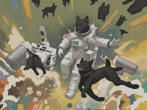 Prompt: abstract style art of black dogs in space in astronaut outfits