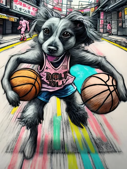 Prompt: pop art chalk pastel art of detailed dog playing basket ball game in cyberpunk japan, sketch, detailed background, highres, fun atmosphere, natural lighting,  abstract, fun