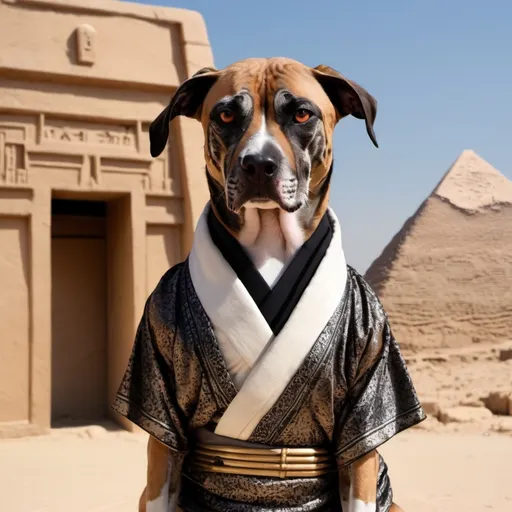 Prompt: black mountain cur dog dressed as yakuza in egypt