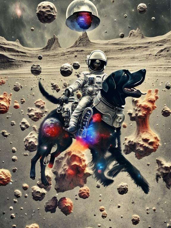 Prompt: Surrealism black dogs in gangster outfits in space, abstract art style, cowboy hat, fun atmosphere, floating celestial bodies, mysterious nebulae, dreamlike, surreal, high contrast, otherworldly, abstract, space, astronaut, fun atmosphere, celestial bodies, dreamlike, surreal, high contrast, mysterious, nebulae, dogs, usa, patriotic, trump