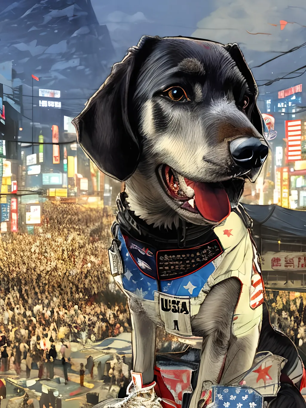 Prompt: a detailed mountain cur black dog wearing usa clothes at a city rally in cyberpunk japan, pop art chalk pastel, detailed background, high res, fun