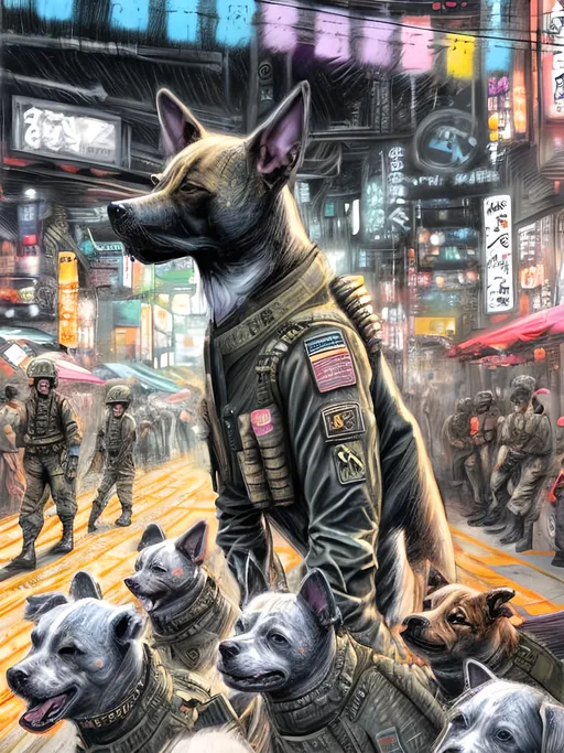 Prompt: chalk pastel art of a detailed dogs wearing military uniforms on the streets in cyberpunk japan during a festival, sketch, detailed background, highres, fun atmosphere, natural lighting,  abstract, fun
