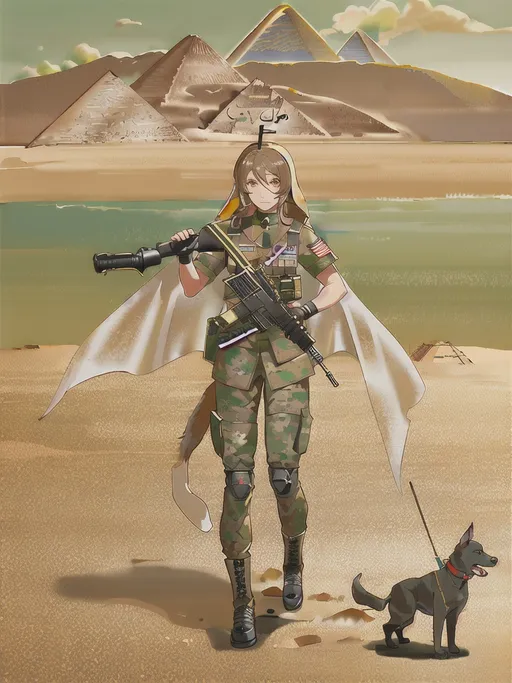 Prompt: black mountain cur dog in military gear in egypt