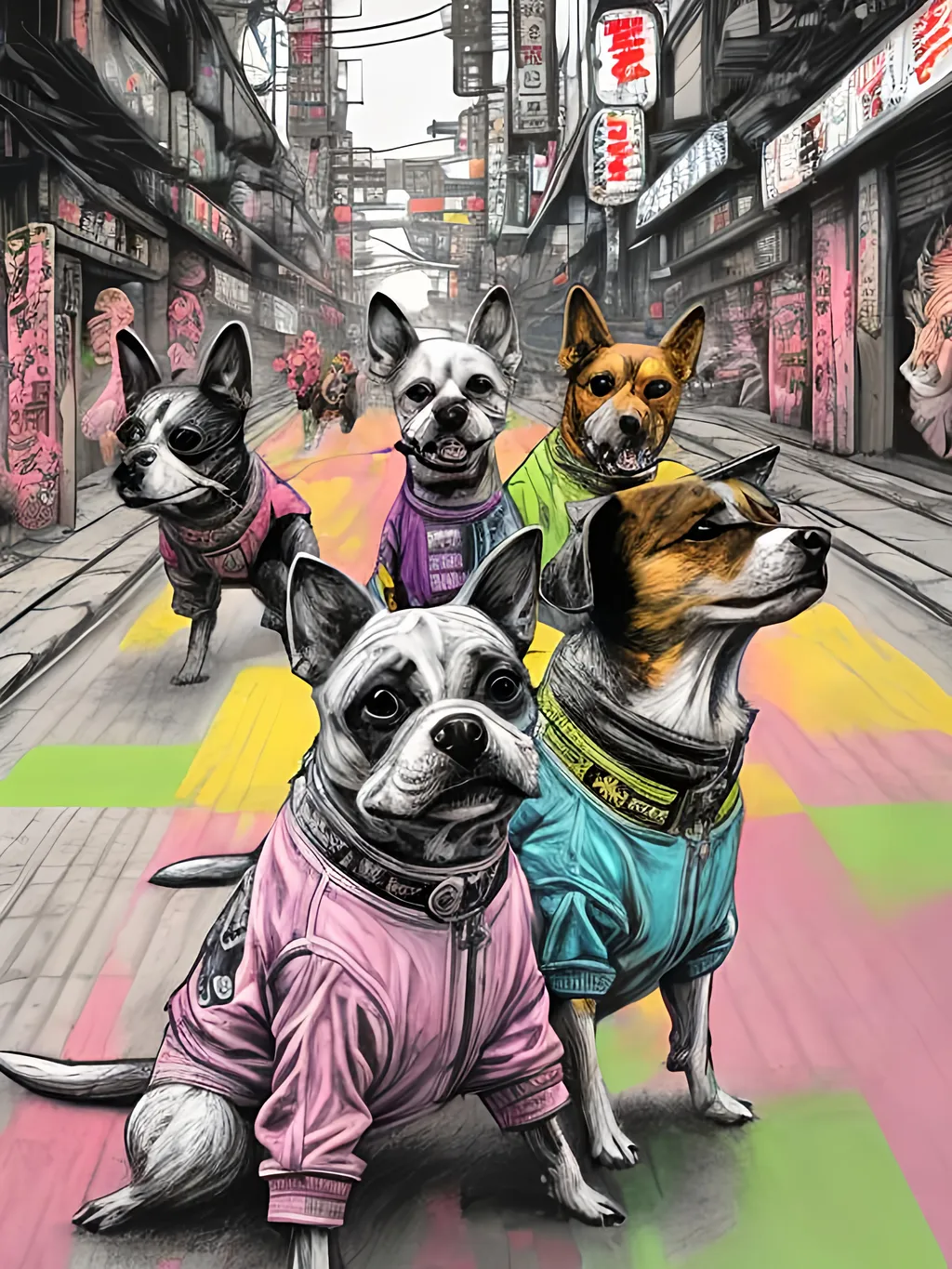 Prompt: pop art chalk pastel art of detailed dogs wearing gangster clothes playing in the streets in cyberpunk japan during a festival, sketch, detailed background, highres, fun atmosphere, natural lighting,  abstract, fun