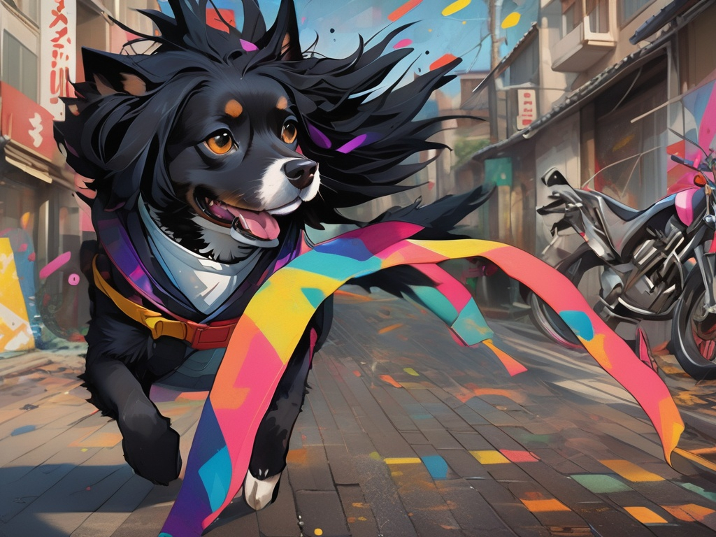 Prompt: black dog wearing ninja clothes having fun in the streets with a battle in the background, dogs, abstract art, Screen print, splash screen art, triadic colors, digital art, 8k resolution trending on Artstation, golden ratio, akira, symmetrical, rule of thirds, geometric bauhaus, Studio Ghibli, Anime Key Visual, by Makoto Shinkai, Deep Color, Intricate, 8k resolution concept art, Natural Lighting, Beautiful Composition