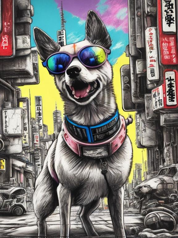 Prompt: pop art chalk pastel art of a detailed dog with a polaroid camera on the streets in post-apocalyptic Japan during a festival with planes in the background, sketch, detailed background, highres, fun atmosphere, natural lighting,  abstract, fun