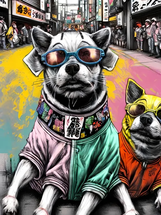 Prompt: pop art chalk pastel art of detailed dogs wearing gangster clothes playing in the streets in japan during a festival, sketch, detailed background, highres, fun atmosphere, natural lighting,  abstract, fun