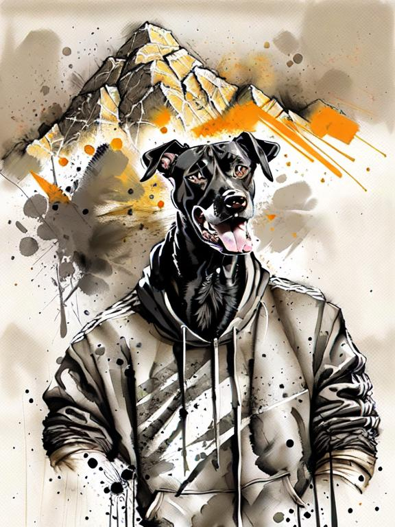 Prompt: mountain cur black dog in gangster rappers clothing