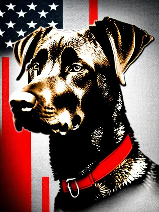 Prompt: Mountain cur black dog in pro trump clothing abstract art style