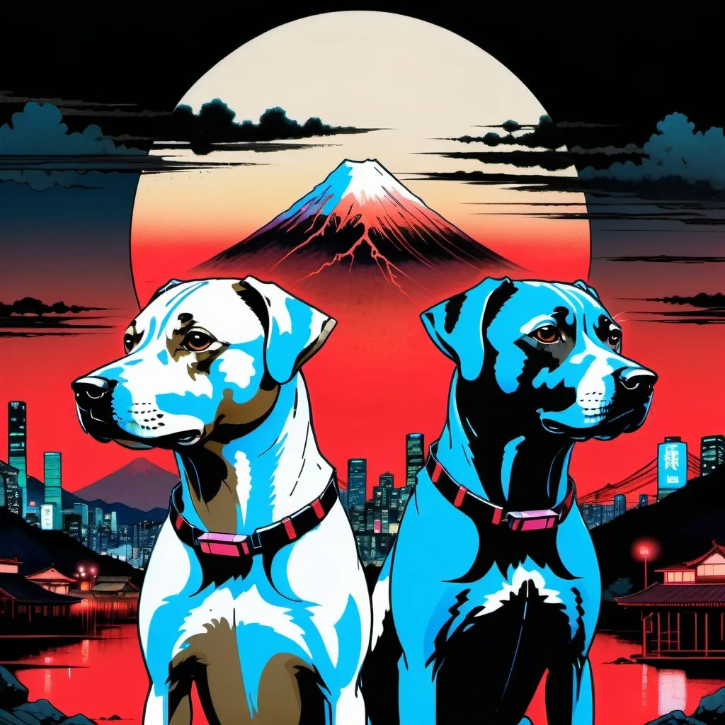 Prompt: black mountain cur dogs in cyberpunk hiroshige