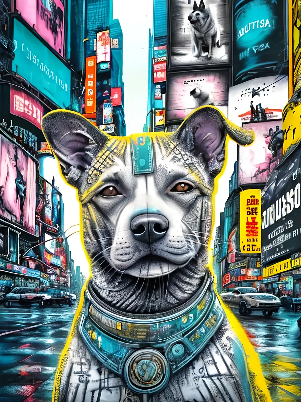 Prompt: chalk pastel style of a  detailed dog stoned in cyberpunk times square, sketch, detailed background, highres, fun atmosphere, natural lighting,  abstract, fun