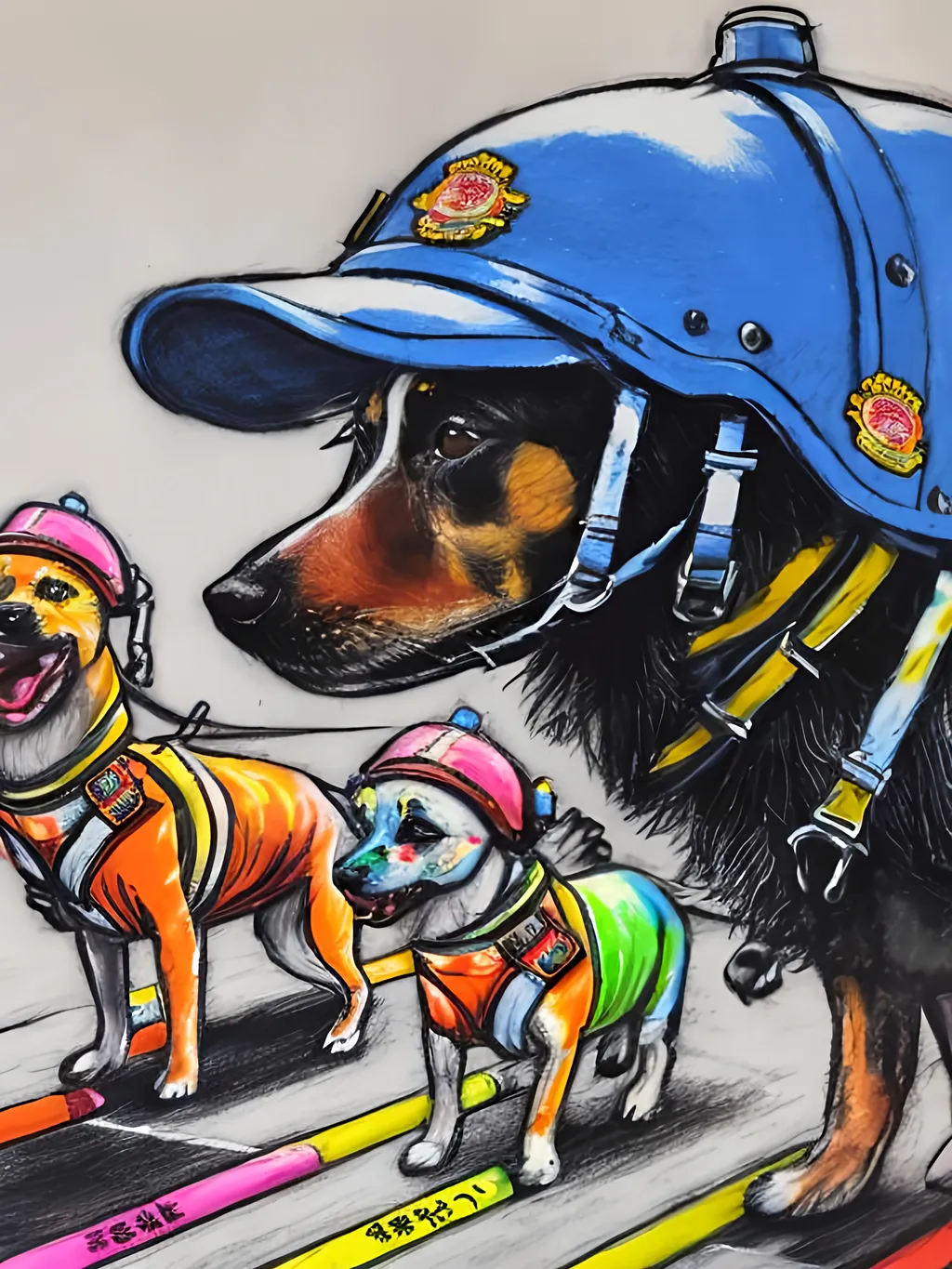 Prompt: pop art chalk pastel art of detailed dogs wearing pilot uniforms playing in the streets in japan during a festival, sketch, detailed background, highres, fun atmosphere, natural lighting,  abstract, fun