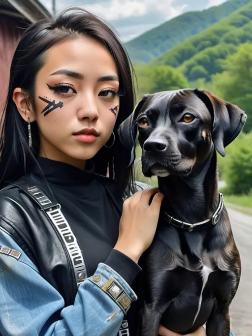 Prompt: mountain cur all black dog cyber punk ninja with half korean half redneck girl