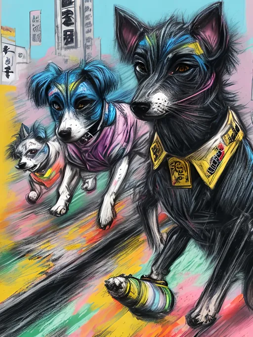 Prompt: pop art chalk pastel art of detailed dogs wearing gangster clothes playing in the streets in japan during a festival, sketch, detailed background, highres, fun atmosphere, natural lighting,  abstract, fun