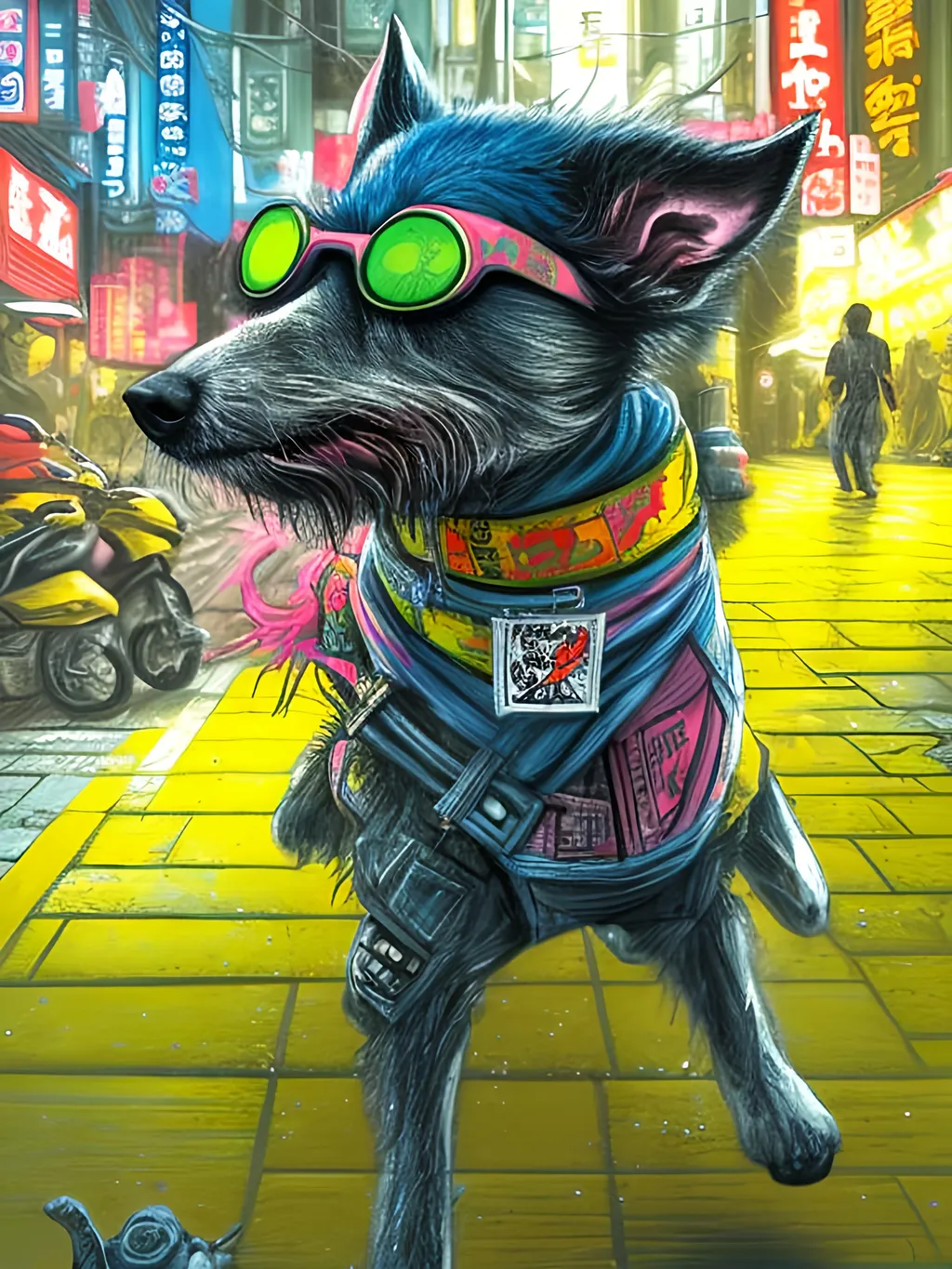 Prompt: pop art chalk pastel art of detailed dog wearing ninja clothes playing in the streets in cyberpunk japan during a festival, sketch, detailed background, highres, fun atmosphere, natural lighting,  abstract, fun