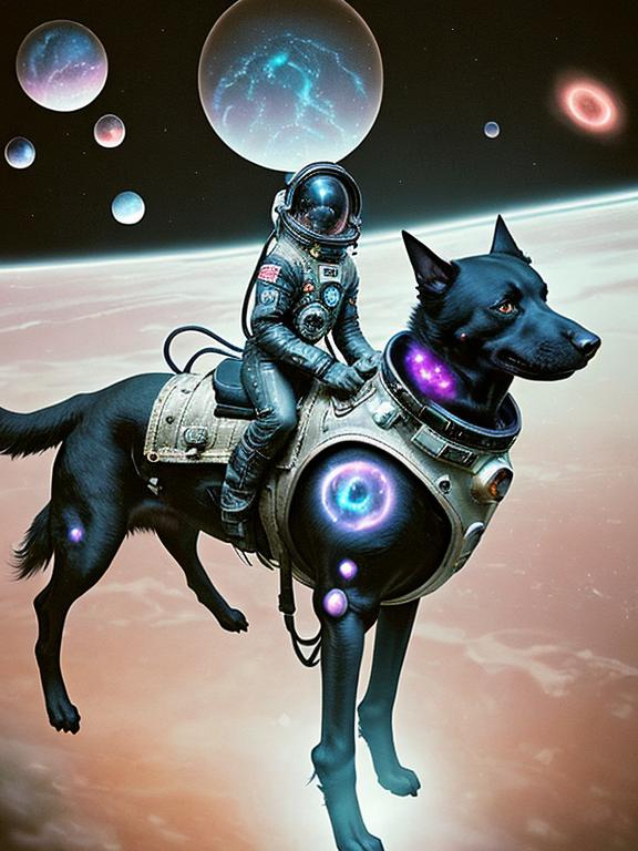 Prompt: Surrealism black dogs in cowboy outfits in space, abstract art style, eerie atmosphere, floating celestial bodies, mysterious nebulae, dreamlike, surreal, high contrast, otherworldly, abstract, space, astronaut, eerie atmosphere, celestial bodies, dreamlike, surreal, high contrast, mysterious, nebulae, dogs