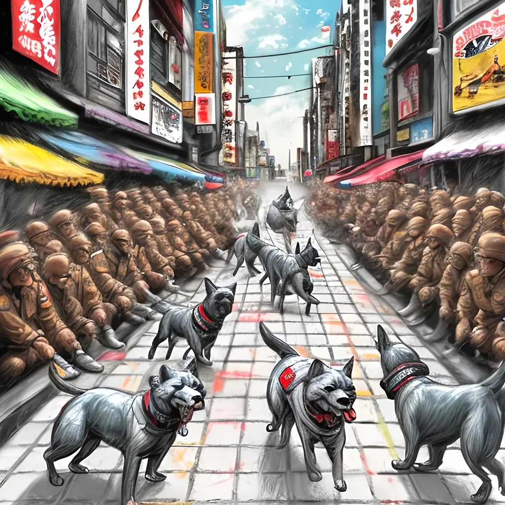 Prompt: pop art chalk pastel art of detailed dogs wearing nazi uniforms playing in the streets in japan during a festival, sketch, detailed background, highres, fun atmosphere, natural lighting,  abstract, fun