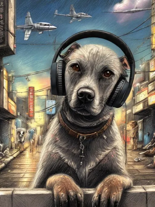Prompt: chalk pastel art of a detailed dog listening to music on the streets in post-apocalyptic Japan during a festival with planes in the background, sketch, detailed background, highres, fun atmosphere, natural lighting,  abstract, fun