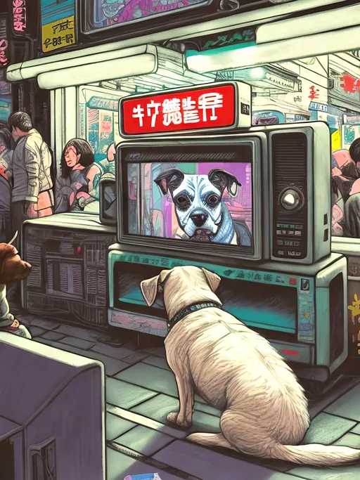 Prompt: pop art chalk pastel art of detailed dog watching tv in the streets in cyberpunk japan during a festival, sketch, detailed background, highres, fun atmosphere, natural lighting,  abstract, fun