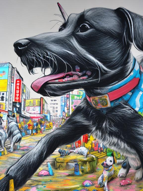 Prompt: pop art chalk pastel art of detailed dogs wearing clothes playing in the streets in japan during a festival, sketch, detailed background, highres, fun atmosphere, natural lighting,  abstract, fun