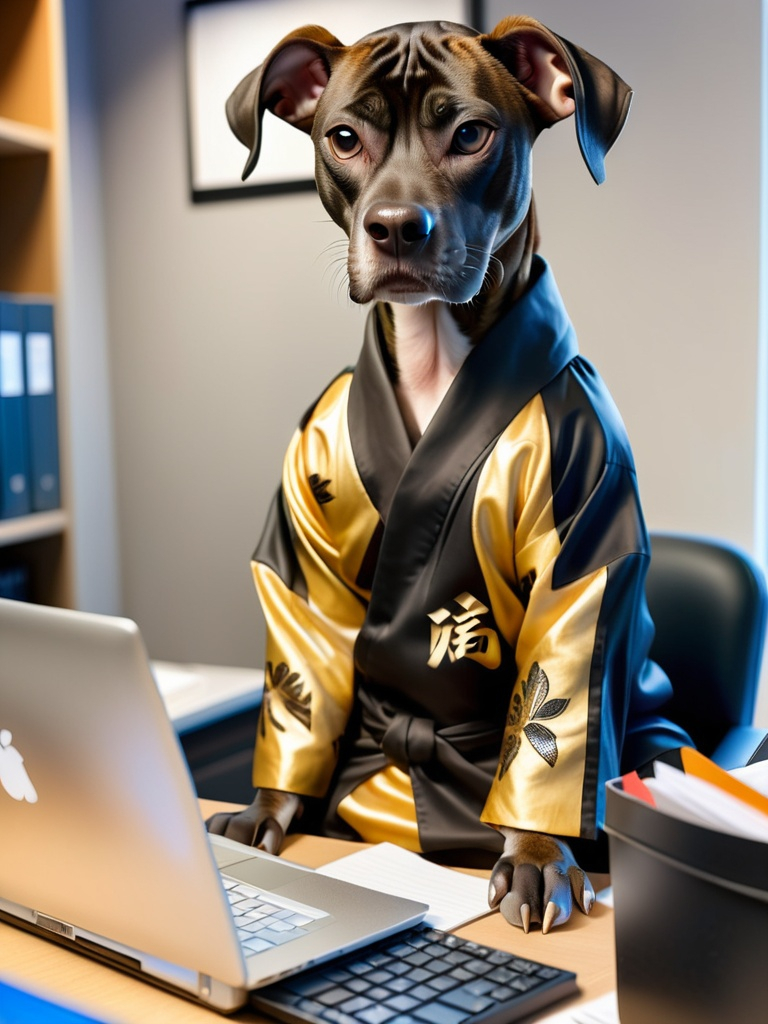 Prompt: all black mountain cur dog dressed as yakuza working on a laptop in an office