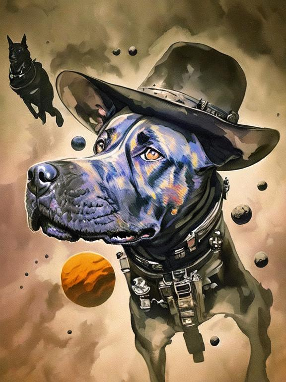 Prompt: Surrealism black dogs in cowboy outfits in space, abstract art style, cowboy hat, eerie atmosphere, floating celestial bodies, mysterious nebulae, dreamlike, surreal, high contrast, otherworldly, abstract, space, astronaut, eerie atmosphere, celestial bodies, dreamlike, surreal, high contrast, mysterious, nebulae, dogs