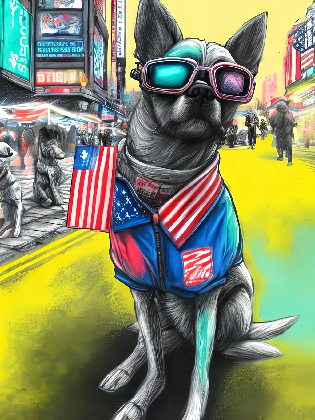 Prompt: pop art chalk pastel art of detailed dog wearing usa clothes playing in the streets in cyberpunk japan during a festival, sketch, detailed background, highres, fun atmosphere, natural lighting,  abstract, fun