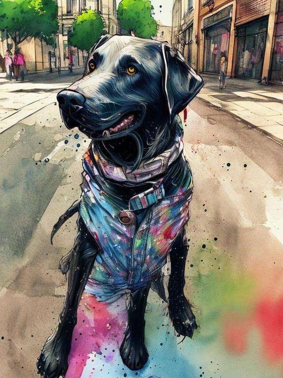 Prompt: a black dog wearing clothes having fun in the streets, water color, sketch, detailed background, highres, fun atmosphere, natural lighting, pastel colors