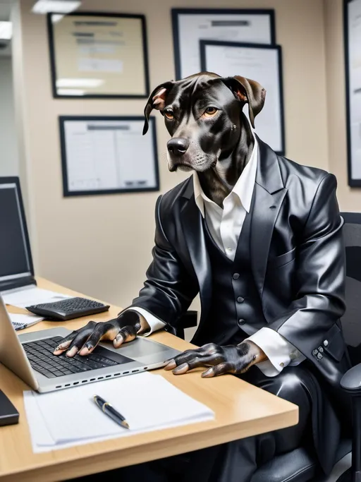 Prompt: all black mountain cur dog dressed as yakuza working on a laptop in an office