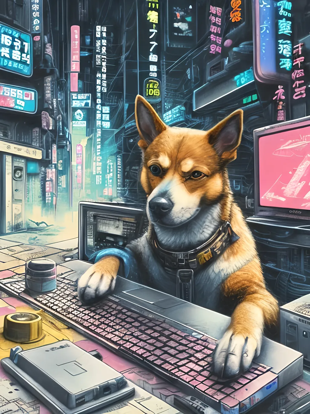 Prompt: chalk pastel art of a detailed dog hacking a computer on the streets in cyberpunk japan with planes in the background, sketch, detailed background, highres, fun atmosphere, natural lighting,  abstract, fun