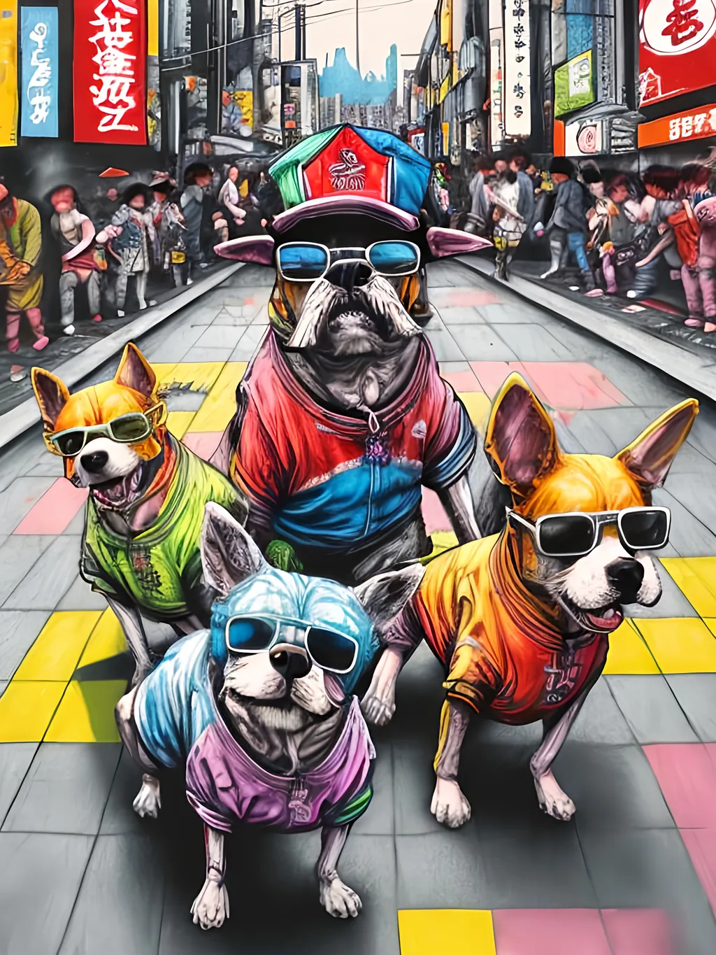 Prompt: pop art chalk pastel art of detailed dogs wearing gangster clothes playing in the streets in japan during a festival, sketch, detailed background, highres, fun atmosphere, natural lighting,  abstract, fun