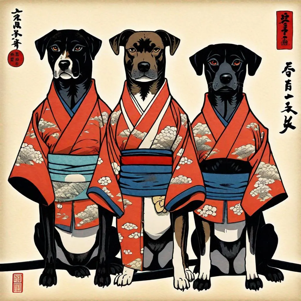 Prompt: black mountain cur dogs in hiroshige wearing yakuza clothes