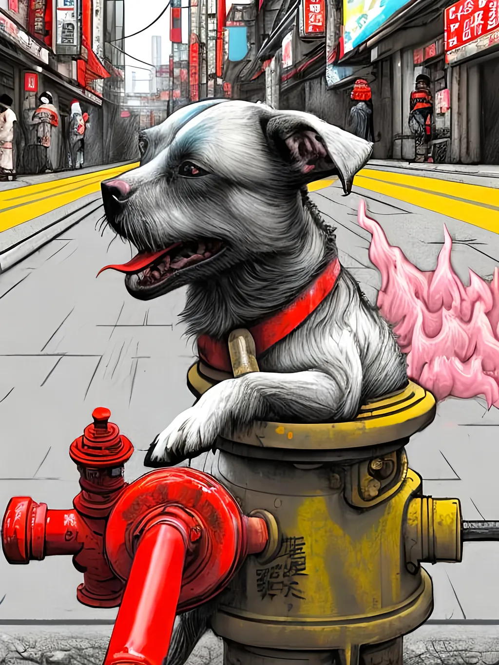 Prompt: pop art chalk pastel art of detailed dog taking a piss on a fire hydrant in cyberpunk japan during a festival, sketch, detailed background, highres, fun atmosphere, natural lighting,  abstract, fun