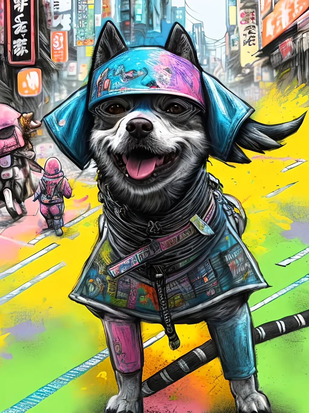 Prompt: pop art chalk pastel art of detailed dog wearing ninja clothes playing in the streets in cyberpunk japan during a festival, sketch, detailed background, highres, fun atmosphere, natural lighting,  abstract, fun