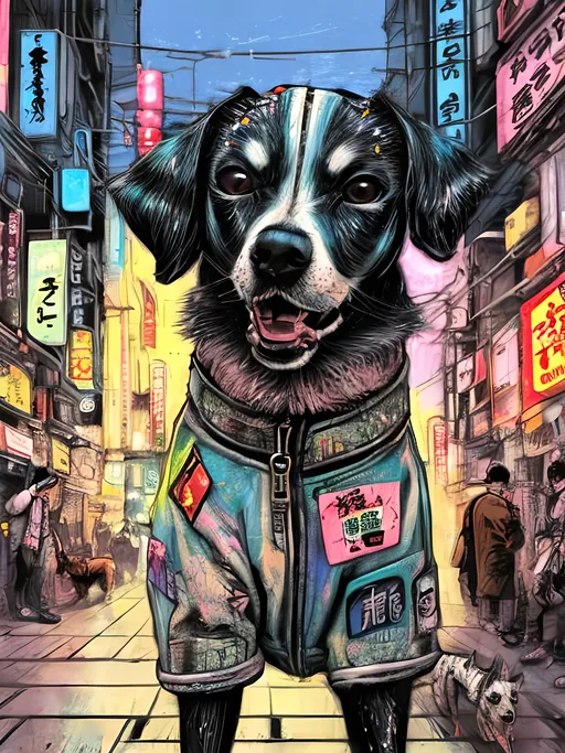 Prompt: pop art chalk pastel art of detailed dogs wearing clothes in the streets in cyberpunk japan during a festival, sketch, detailed background, highres, fun atmosphere, natural lighting,  abstract, fun