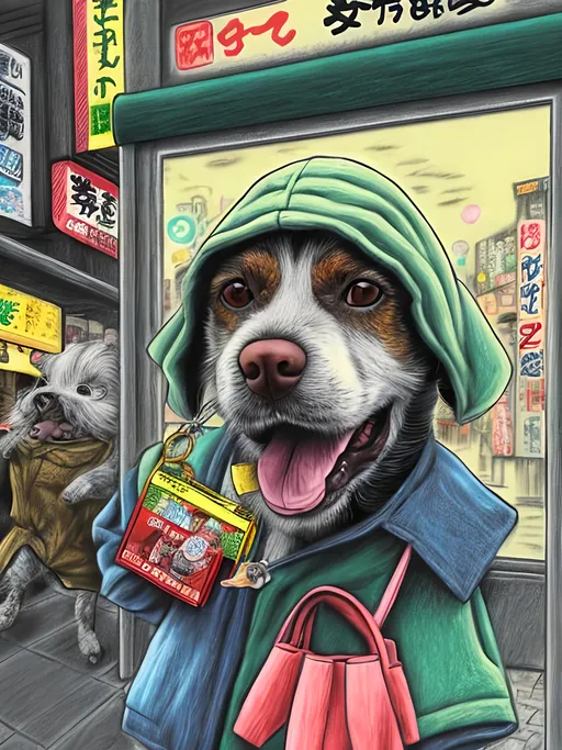 Prompt: pop art chalk pastel art of detailed dog robbing a bank in Japan, sketch, detailed background, highres, fun atmosphere, natural lighting,  abstract, fun