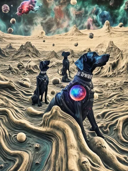 Prompt: Surrealism black dogs in gangster outfits in space, abstract art style, cowboy hat, fun atmosphere, floating celestial bodies, mysterious nebulae, dreamlike, surreal, high contrast, otherworldly, abstract, space, astronaut, fun atmosphere, celestial bodies, dreamlike, surreal, high contrast, mysterious, nebulae, dogs, usa, patriotic, trump