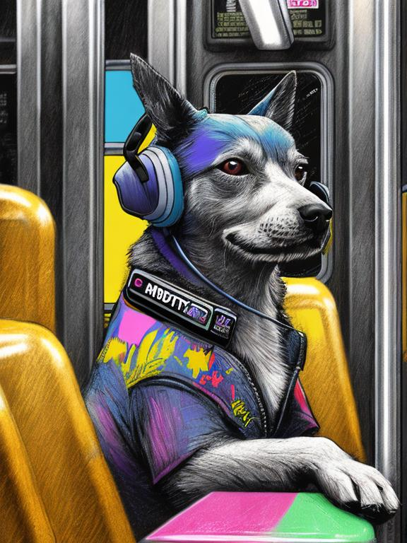 Prompt: pop art chalk pastel art of a detailed dog listening to music on the subway train in cyberpunk japan, sketch, detailed background, highres, fun atmosphere, natural lighting,  abstract, fun