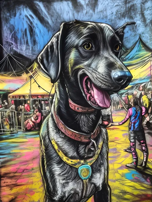 Prompt: Detailed mountain cur all black dog at a circus, festival, pop art chalk pastel, grunge, highres, abstract, natural lighting, lively atmosphere, fun, vibrant, happy-go-lucky, detailed dogs, detailed eyes, detailed fur, festive, flying, post-apocalyptic, Japan, chalk pastel, detailed background, grunge style, abstract art, high quality, natural lighting