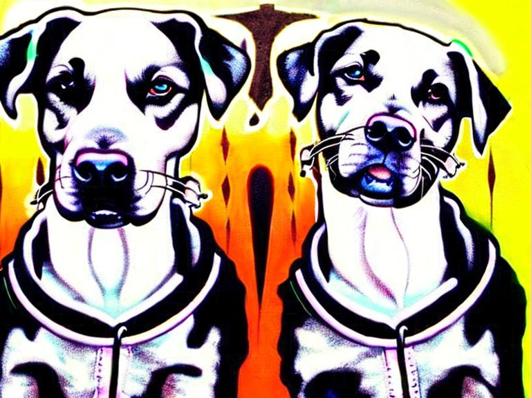 Prompt: mountain cur black dogs in gangster rappers clothing graffiti