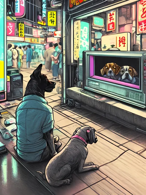 Prompt: pop art chalk pastel art of detailed dog watching tv in the streets in cyberpunk japan during a festival, sketch, detailed background, highres, fun atmosphere, natural lighting,  abstract, fun