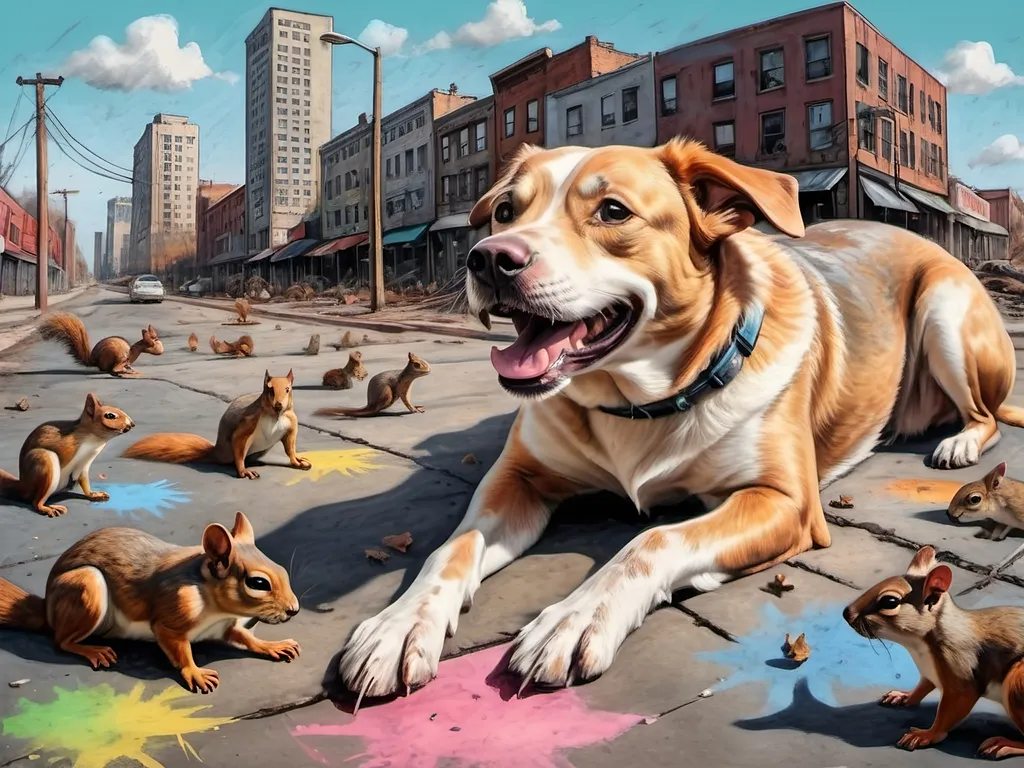 Prompt: pop art chalk pastel, a detailed happy dog being overwhelmed by squirrels, detailed background of a post-apocalyptic city, sketch, grunge, highres, abstract, natural lighting, fun, lively atmosphere