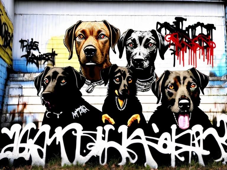 Prompt: mountain cur black dogs in gangster rappers clothing graffiti